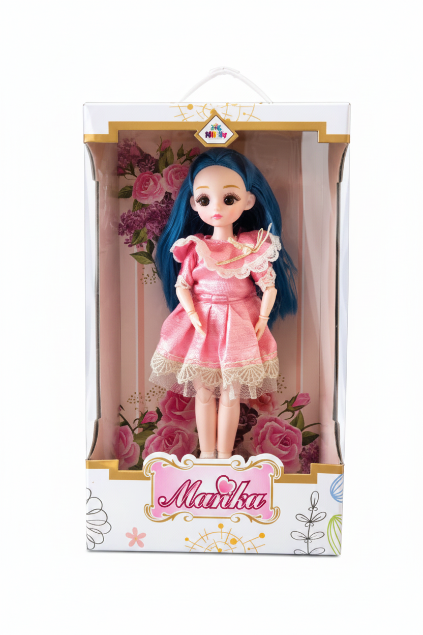 Manku Elegant Fashion Doll with Long Blue Hair and Detailed Pink Lace Dress