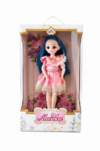 Manku Elegant Fashion Doll with Long Blue Hair and Detailed Pink Lace Dress