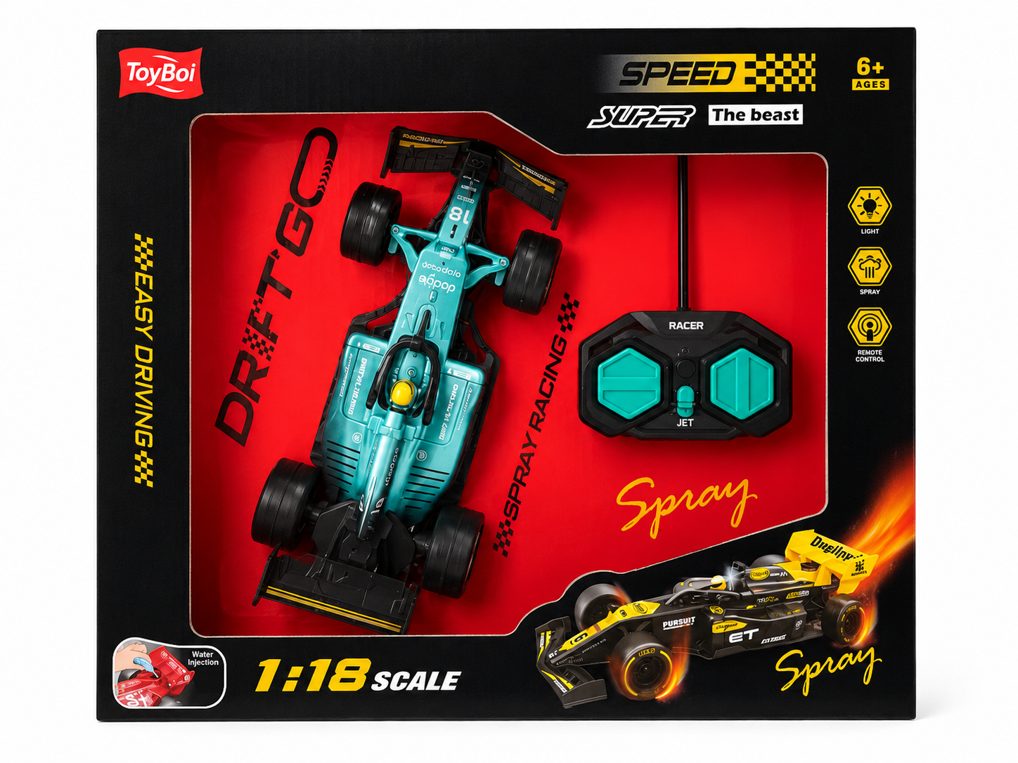 TOYBOI 1:18 SCALE RC RACING CAR WITH SPRAY EFFECT & LIGHTS