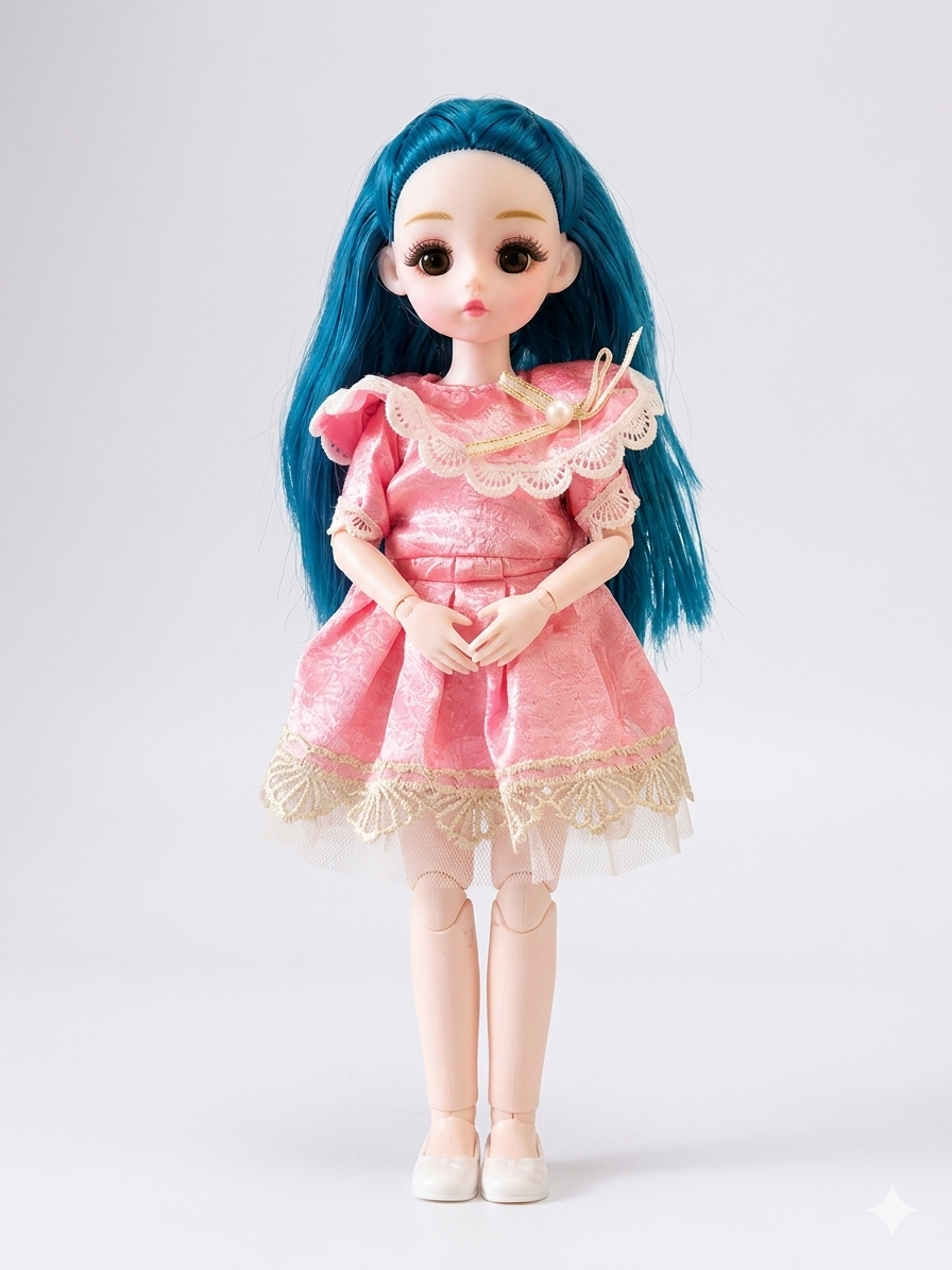Manku Elegant Fashion Doll with Long Blue Hair and Detailed Pink Lace Dress